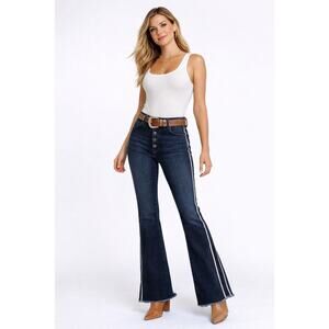 Veronica Beard Carolyn Flare Jeans 29 Dark Wash Button Fly Side Stripe Retro
